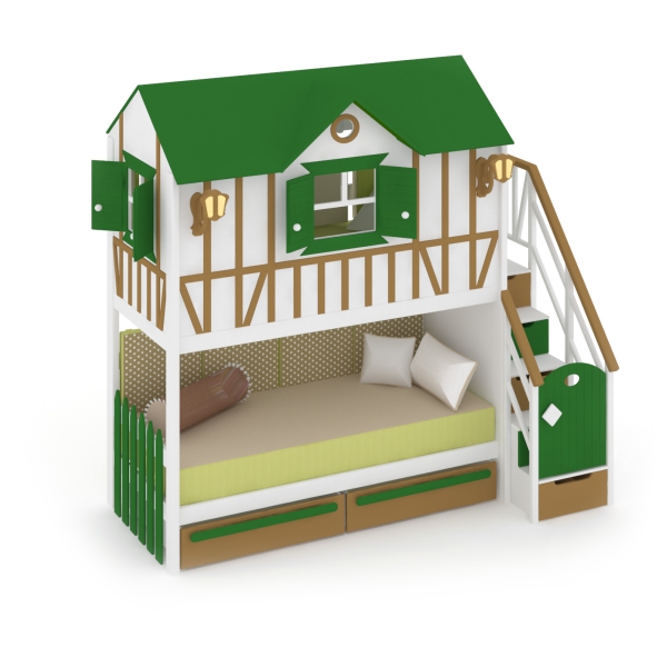 Кровать-домик с ящиками под кровать и модульной лестницей с перилами и дверкой "Бременские мотивы"