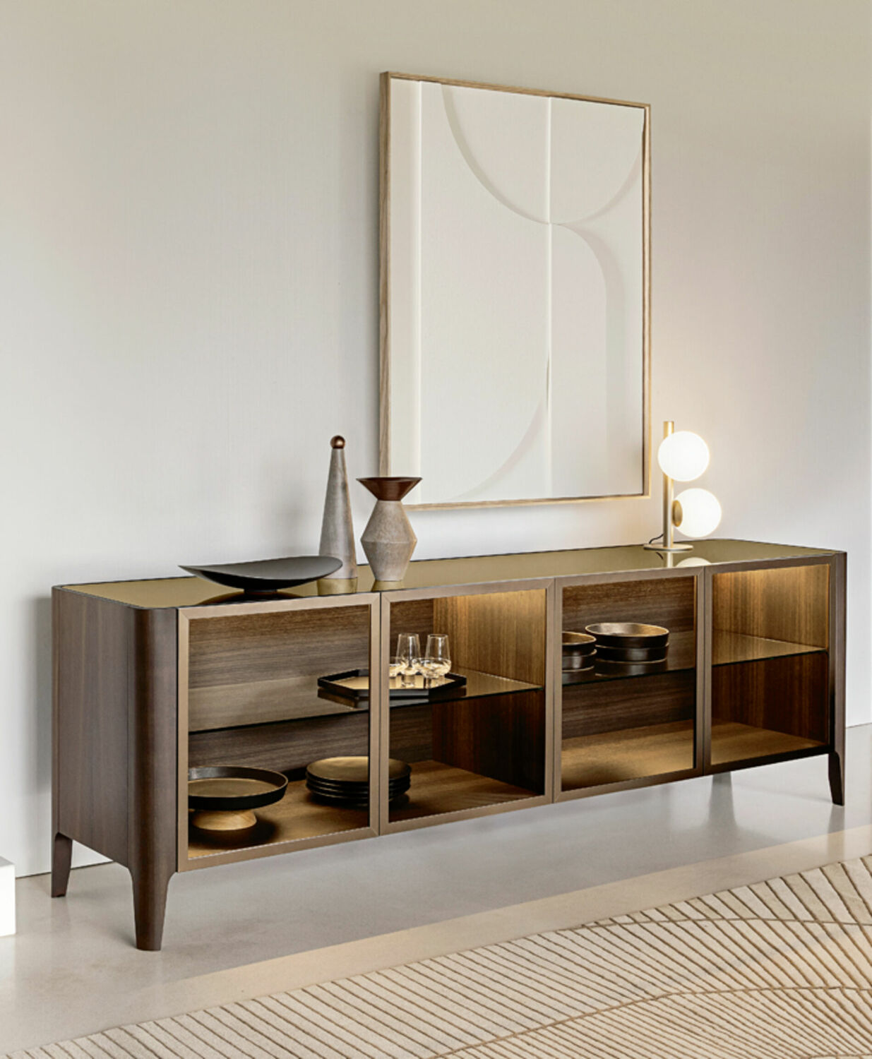 Тумба итальянская дизайнерская для гостиной Cross деревянная со стеклом в стиле ретро Riflessi