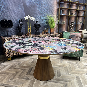 Стол итальянский круглый дизайнерский WATSON Momenti с авторским принтом на глянцевой столешнице