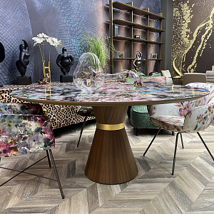 Стол итальянский круглый дизайнерский WATSON Momenti с авторским принтом на глянцевой столешнице